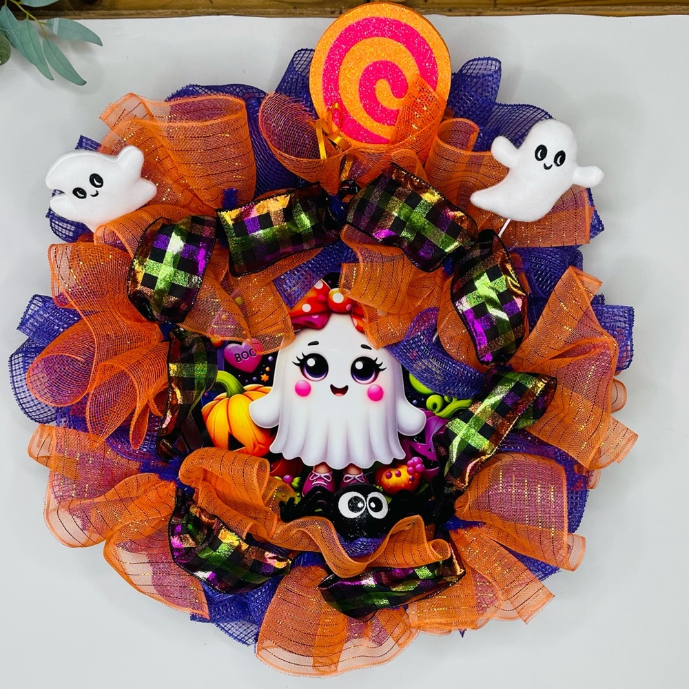 Halloween Ghost Wreath with Orange and Black Accents